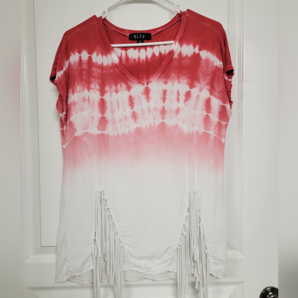 B.L.E.U. small womens tie dye fringe red white short sleeve western Tee Shirt